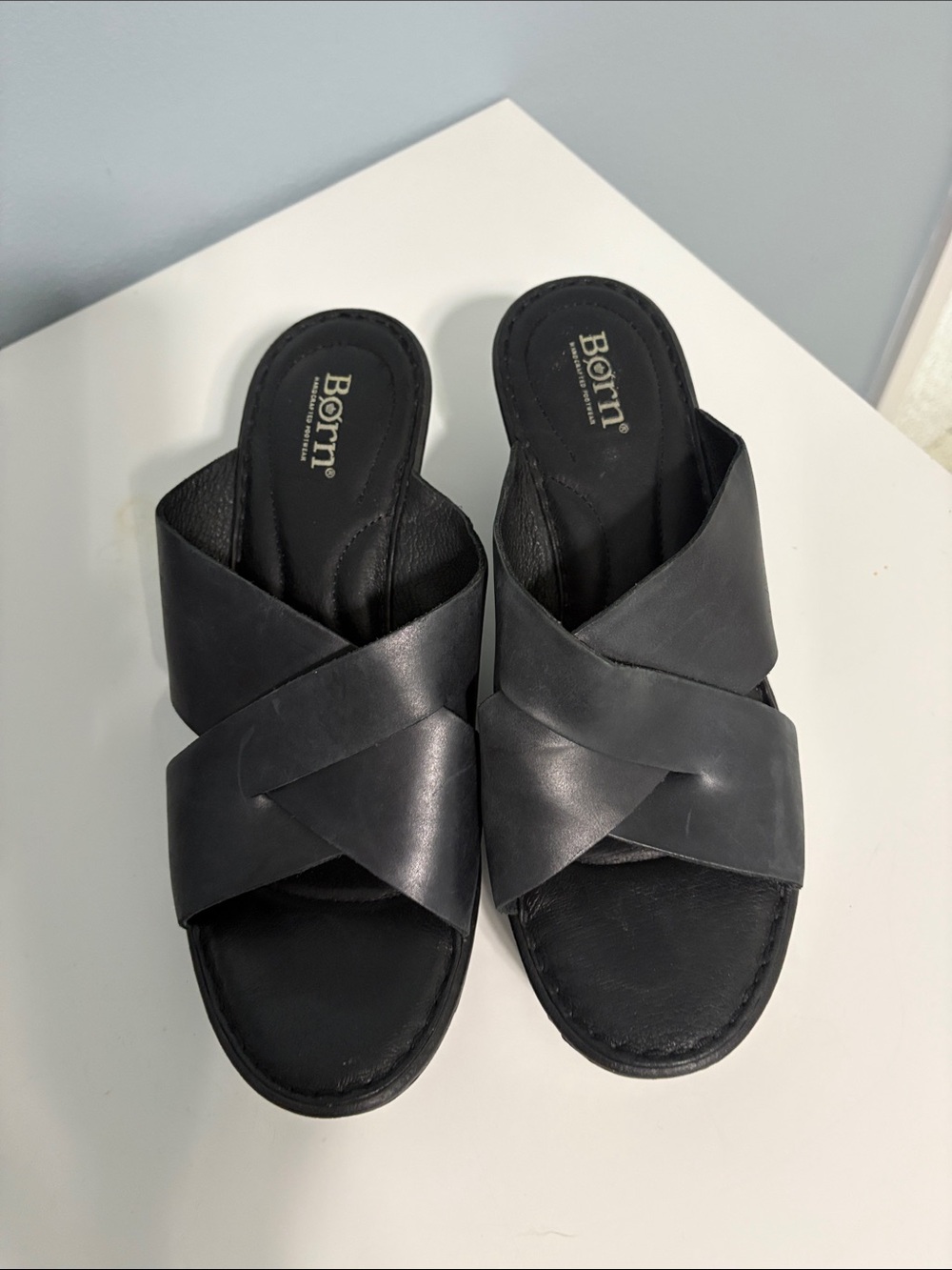 Born Black Leather Crisscross Slide Mules